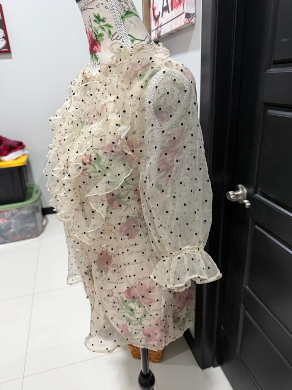Zara Cream Sheer Polka Dot Blouse with Pink Floral Print - Picture 8 of 11